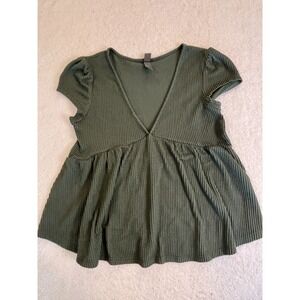 V-Neck Ribbed Peplum Top - Olive